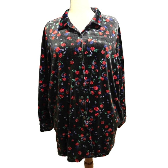 Woman Within Velour Black Floral Button Up Tunic Size 2X Stretch - Picture 1 of 12